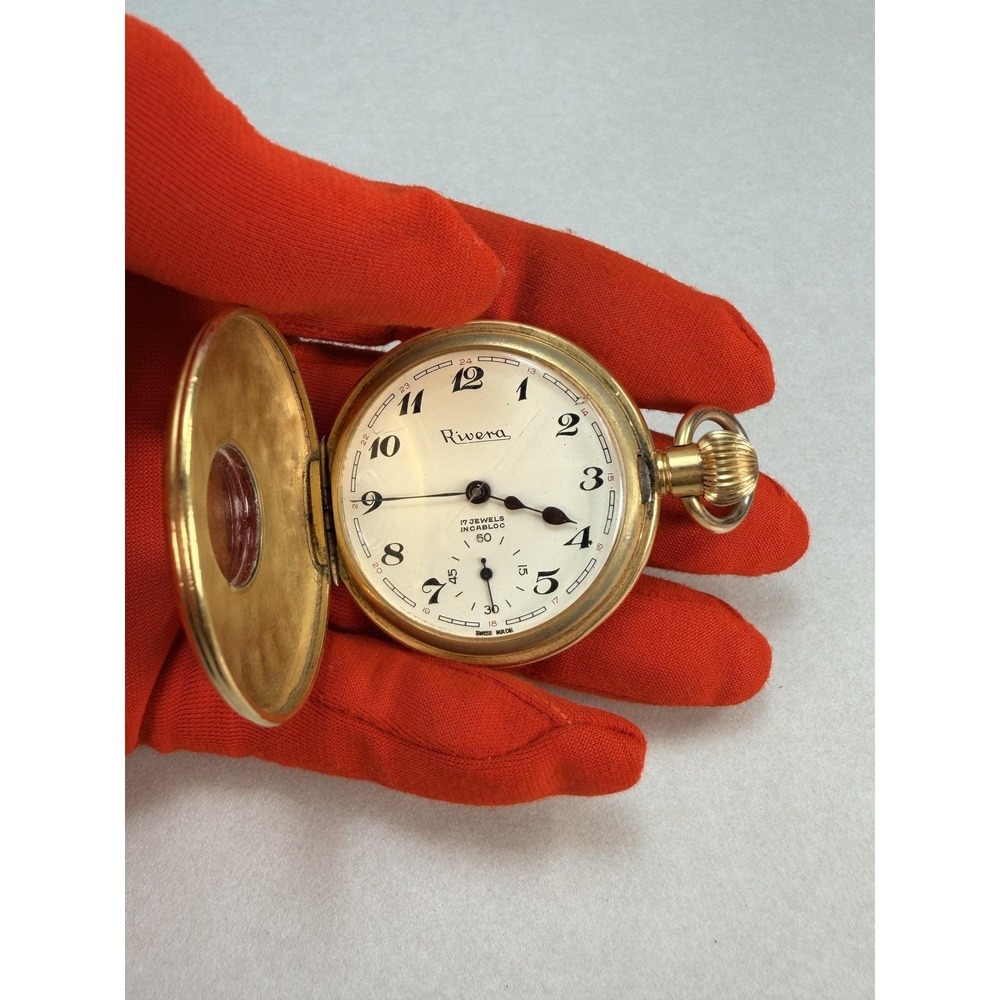 Vintage Rivera 17 Jewels Half Hunter Pocket Watch Swiss Incabloc Gold Tone